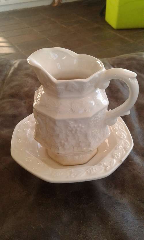 Beautiful Handmade Antique Balboa Porcelain Milk Jug With Saucer Marked