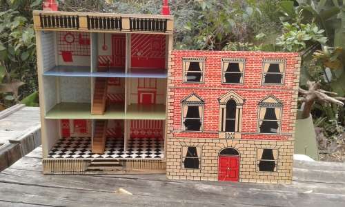 Antique Vintage Two Storey Wooden Doll House Front Slides To The Side
