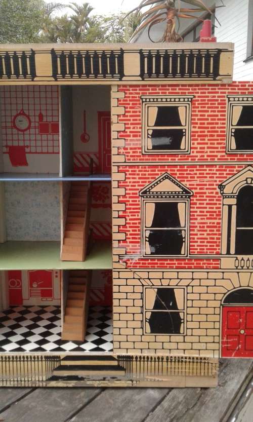 Antique Vintage Two Storey Wooden Doll House Front Slides To The Side