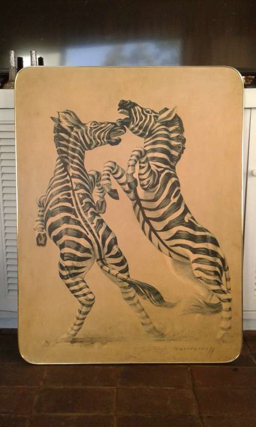 Original Vintage Very Large Framed Vladimir Tretchikoff Fighting Zebras Print 1m x 75cm Signed 1975