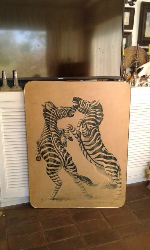 Original Vintage Very Large Framed Vladimir Tretchikoff Fighting Zebras Print 1m x 75cm Signed 1975