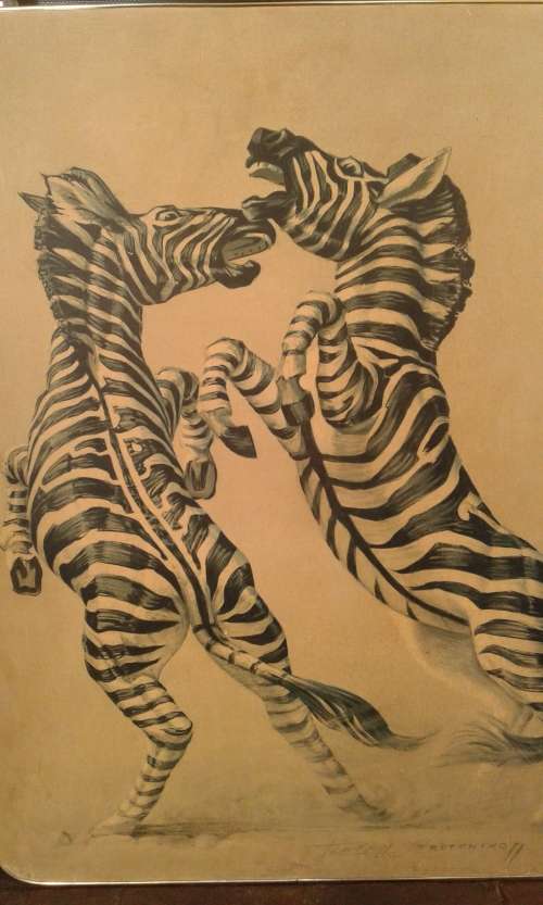 Original Vintage Very Large Framed Vladimir Tretchikoff Fighting Zebras Print 1m x 75cm Signed 1975