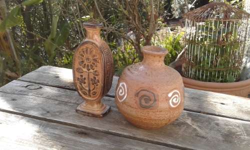 2 Palcon Ware Mid Century Folk Art Vases Handmade