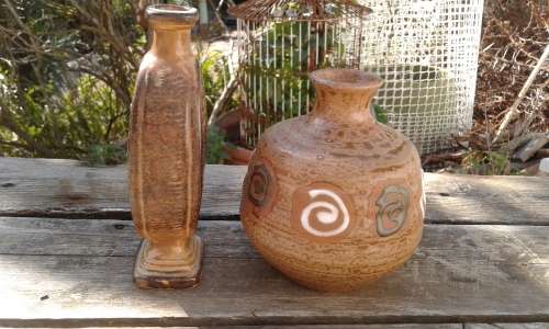 2 Palcon Ware Mid Century Folk Art Vases Handmade