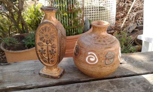 2 Palcon Ware Mid Century Folk Art Vases Handmade