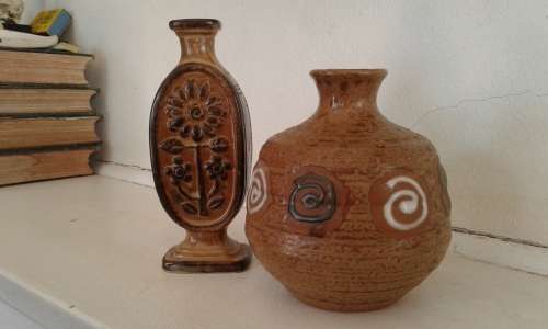 2 Palcon Ware Mid Century Folk Art Vases Handmade