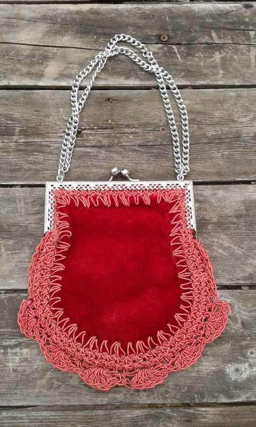 Vintage Italian 1950s Red Velvet Crochet Border Evening Handbag Bag With Silver Chain