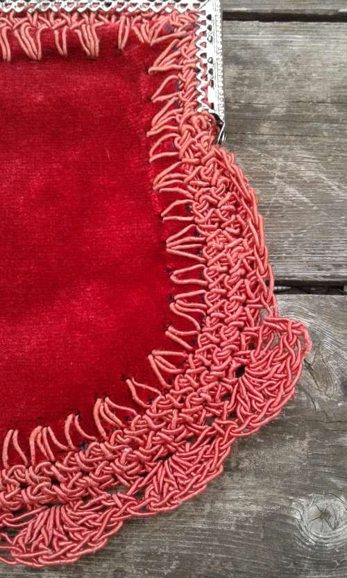Vintage Italian 1950s Red Velvet Crochet Border Evening Handbag Bag With Silver Chain