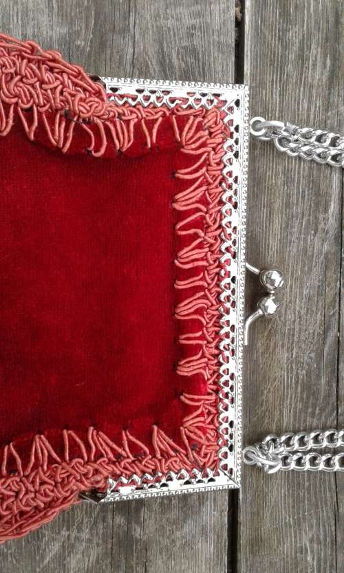 Vintage Italian 1950s Red Velvet Crochet Border Evening Handbag Bag With Silver Chain