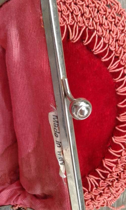 Vintage Italian 1950s Red Velvet Crochet Border Evening Handbag Bag With Silver Chain