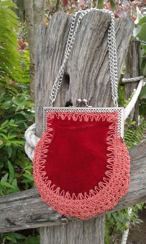 Vintage Italian 1950s Red Velvet Crochet Border Evening Handbag Bag With Silver Chain
