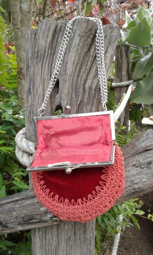 Vintage Italian 1950s Red Velvet Crochet Border Evening Handbag Bag With Silver Chain
