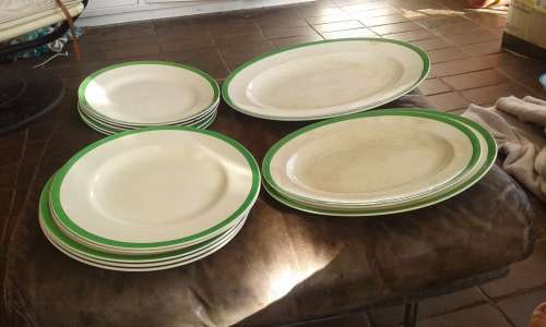 Queens Green Solianware Simpson`s Potteries Green Gold Rimmed Art Deco Dinner Set 13 Pieces