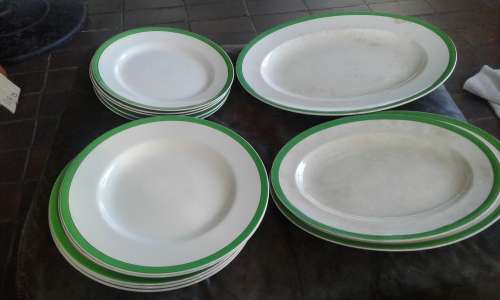Queens Green Solianware Simpson`s Potteries Green Gold Rimmed Art Deco Dinner Set 13 Pieces