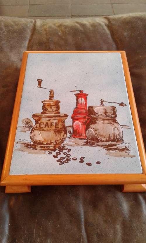 Vintage Wood Large Mid Century Modern Pot Or Plate Stand With Handmade Tile