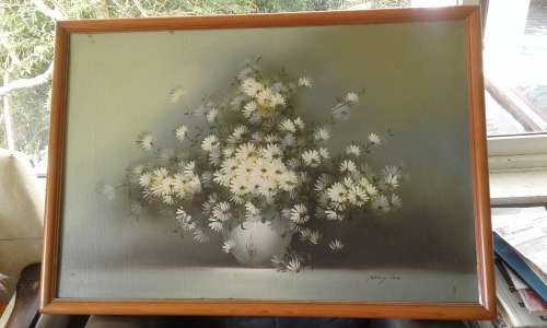Original NANCY LEE  Floral Impressionist Daisies In Vase Still Life 1960s Oil Painting Framed Signed