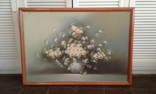 Original NANCY LEE  Floral Impressionist Daisies In Vase Still Life 1960s Oil Painting Framed Signed