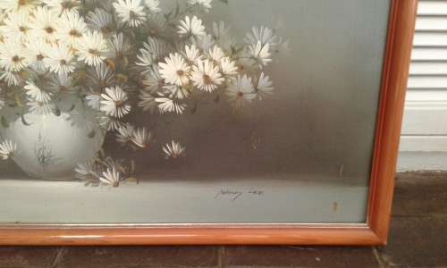 Original NANCY LEE  Floral Impressionist Daisies In Vase Still Life 1960s Oil Painting Framed Signed