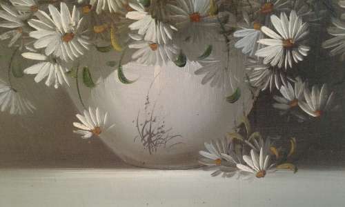 Original NANCY LEE  Floral Impressionist Daisies In Vase Still Life 1960s Oil Painting Framed Signed