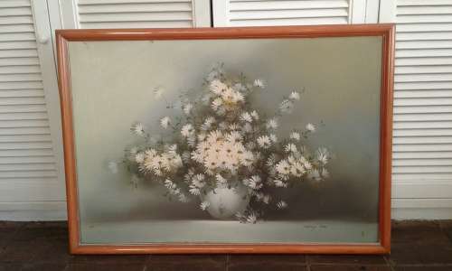 Original NANCY LEE  Floral Impressionist Daisies In Vase Still Life 1960s Oil Painting Framed Signed