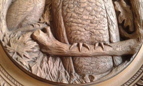Vintage Large 1970s Karl Rothammer Wooden Owl Wall Carving Made In Canada 36cm Diameter