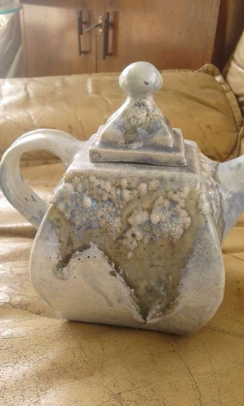 Rare Vintage SALEM Pottery Large Very Heavy Light Blue Stoneware Art Tea Pot Salt Crystal Glaze