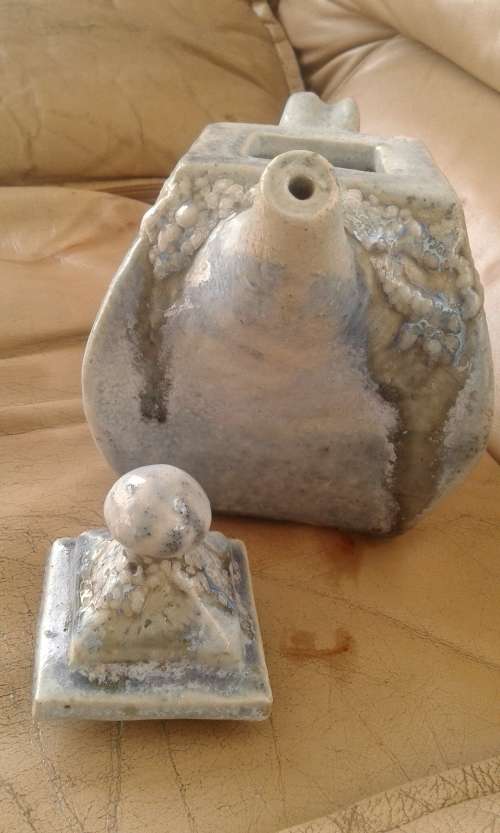 Rare Vintage SALEM Pottery Large Very Heavy Light Blue Stoneware Art Tea Pot Salt Crystal Glaze