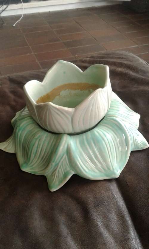 Stunning Vintage Mid Century Two Piece Light Turquoise Holland Mold Flower Frog Vase