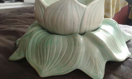 Stunning Vintage Mid Century Two Piece Light Turquoise Holland Mold Flower Frog Vase