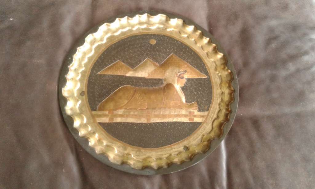 Rare Vintage Egyptian Revival Handwork Brass Copper Sphinx And Pyramid Wall Plate Port Said