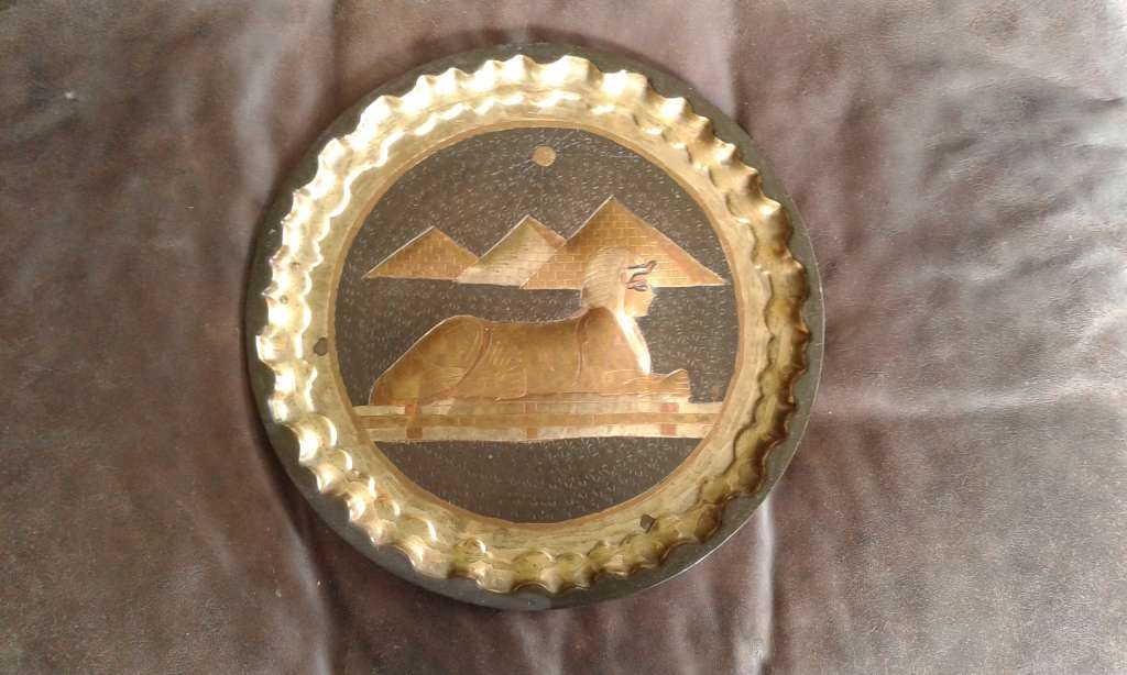 Rare Vintage Egyptian Revival Handwork Brass Copper Sphinx And Pyramid Wall Plate Port Said