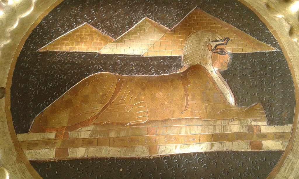 Rare Vintage Egyptian Revival Handwork Brass Copper Sphinx And Pyramid Wall Plate Port Said