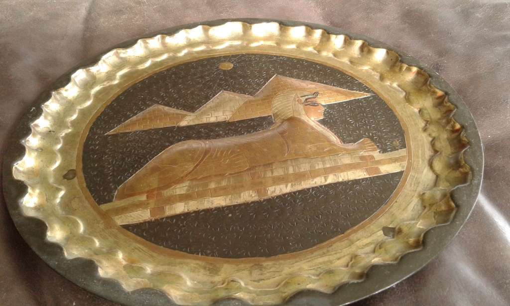 Rare Vintage Egyptian Revival Handwork Brass Copper Sphinx And Pyramid Wall Plate Port Said
