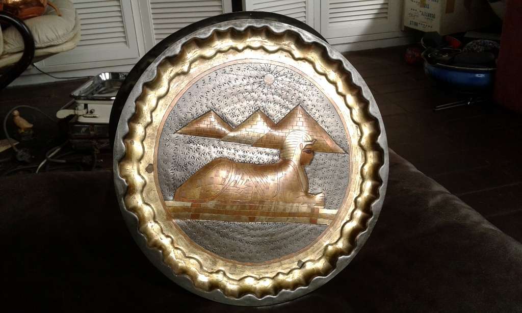 Rare Vintage Egyptian Revival Handwork Brass Copper Sphinx And Pyramid Wall Plate Port Said