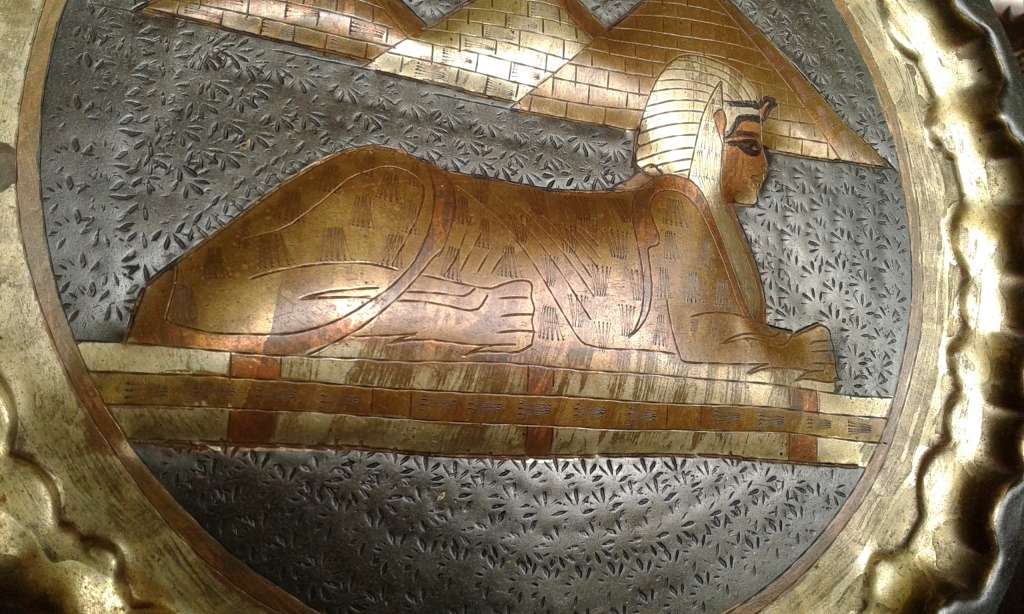 Rare Vintage Egyptian Revival Handwork Brass Copper Sphinx And Pyramid Wall Plate Port Said