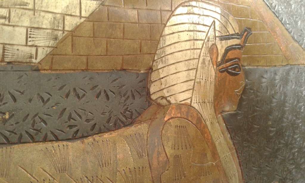 Rare Vintage Egyptian Revival Handwork Brass Copper Sphinx And Pyramid Wall Plate Port Said