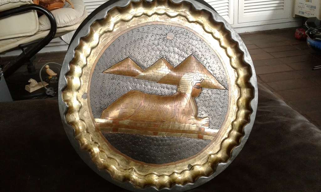 Rare Vintage Egyptian Revival Handwork Brass Copper Sphinx And Pyramid Wall Plate Port Said