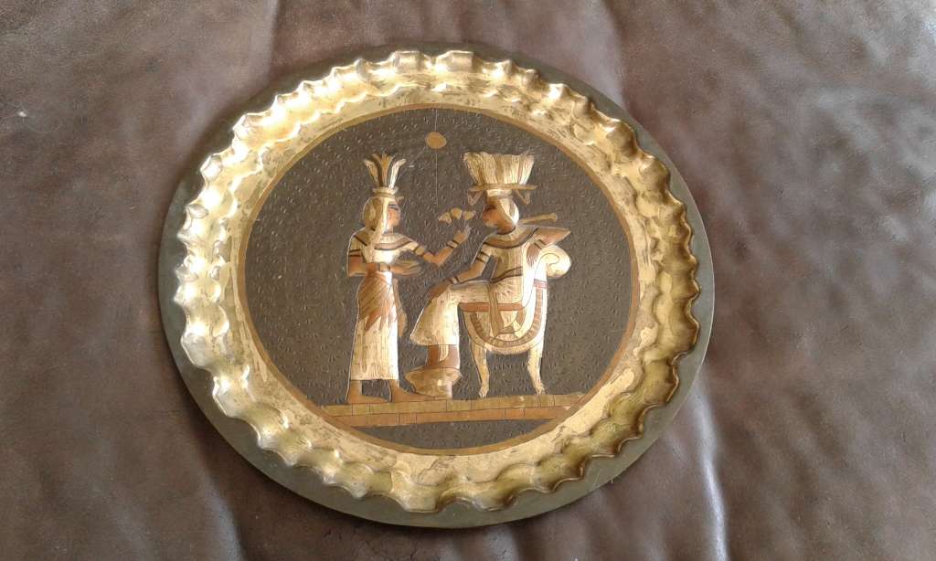 Rare Etched Vintage Egyptian Revival Handwork Brass Copper Pharao Wall Plate Port Said