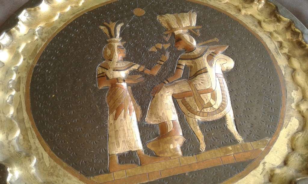 Rare Etched Vintage Egyptian Revival Handwork Brass Copper Pharao Wall Plate Port Said