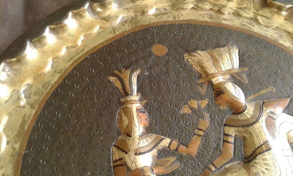 Rare Etched Vintage Egyptian Revival Handwork Brass Copper Pharao Wall Plate Port Said