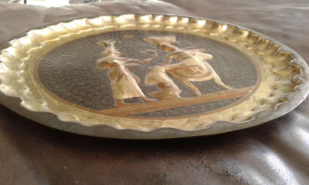 Rare Etched Vintage Egyptian Revival Handwork Brass Copper Pharao Wall Plate Port Said