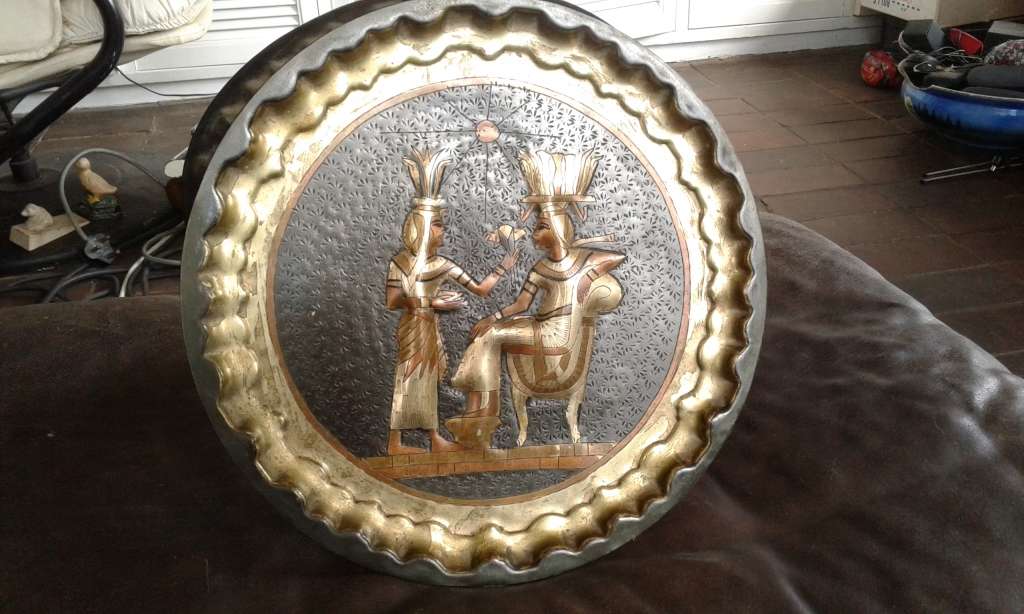 Rare Etched Vintage Egyptian Revival Handwork Brass Copper Pharao Wall Plate Port Said