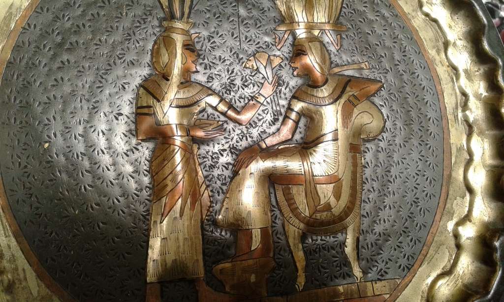 Rare Etched Vintage Egyptian Revival Handwork Brass Copper Pharao Wall Plate Port Said