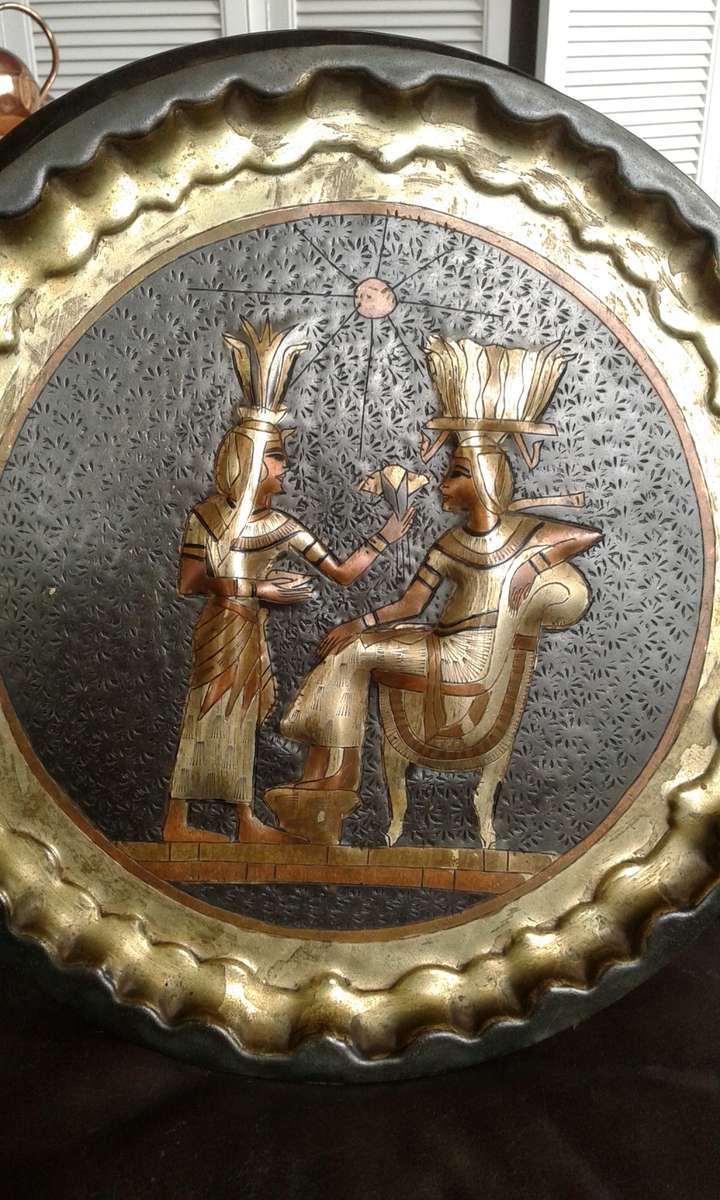 Rare Etched Vintage Egyptian Revival Handwork Brass Copper Pharao Wall Plate Port Said