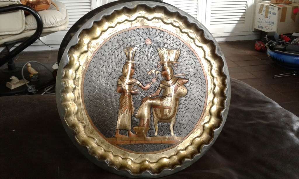 Rare Etched Vintage Egyptian Revival Handwork Brass Copper Pharao Wall Plate Port Said