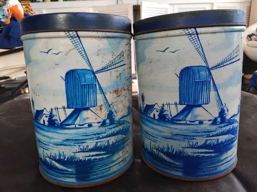 2 Rare Large Antique Dutch Blue Delfts Sailboats And Windmills Theme Metal Tins