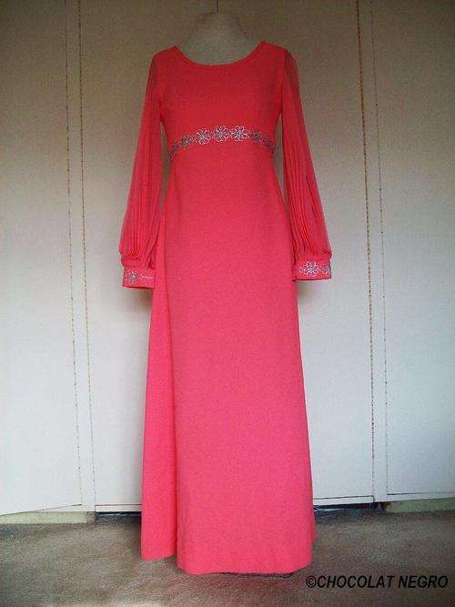 VINTAGE 1960 SALMON PINK DESIGNER EVENING DRESS WITH SILVER EMBROIDERY AND CHIFFON PUFF SLEEVES,