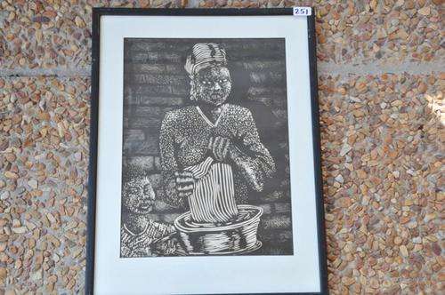 beautiful woodcut,african scene,artist unknown