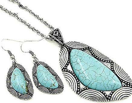 TURQUOISE NATURAL STONE  INLAYS IN OVAL METALIC IMAGE -  NECKLACE SET