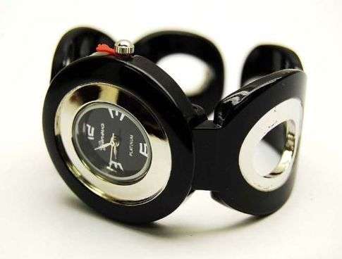 BLACK ROUND FACE - EPOXY COATING - GENEVA PLATINUM - LADIES CUFF WATCH